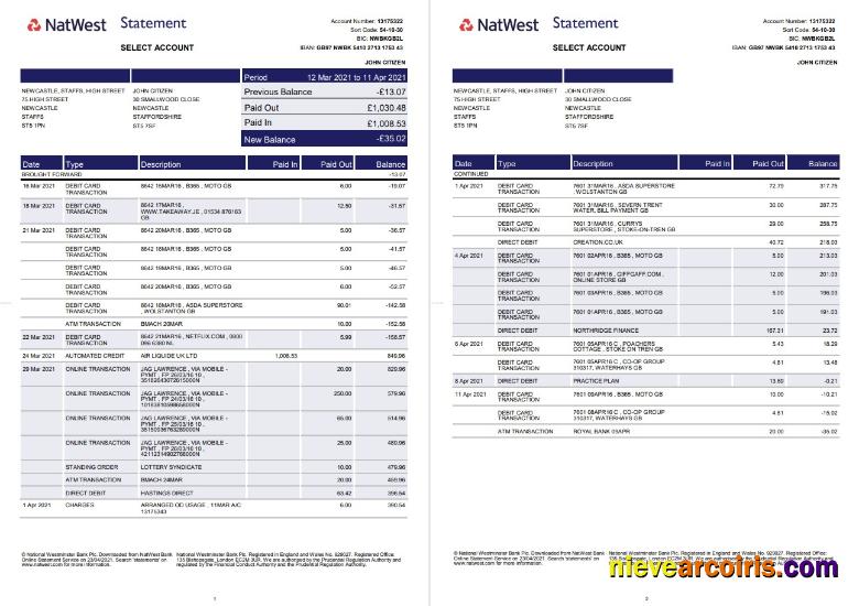 United Kingdom Natwest bank statement in Word and PDF format (2 pages)